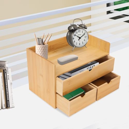 Premium Natural Bamboo Desktop Organizer, Attractive Design 3 Tier, Table Top Storage for Documents & Office Supplies, Accessories And More, No Assembly Required (3 Drawer with Shelf) - Image 4