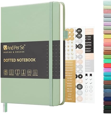 &And Per Se Dotted Journal Notebook, A5 Hardcover Leather Dotted Journal, 160 Pages 100gsm Thick Dot Grid Paper, 3 Sheets of Stickers Included - 5.7'' x 8'' (Light Green) by AndPerSe