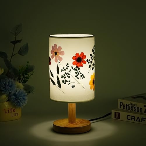 Decorative Table Lamp with Floral Shade Design, Wooden Base, Fabric Lampshade, Ambient Lighting for Bedroom, Living Room (White) - Image 3