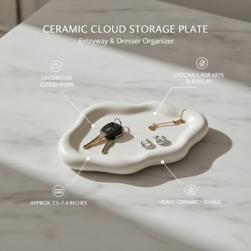 Home Organizers & Minimalists: Ceramic Cloud Catchall Tray for Keys, Jewelry, and Coins – Decorative Entryway or Dresser Dish, Approx. 7.1-7.4 in Diameter (1 Piece) - Image 5