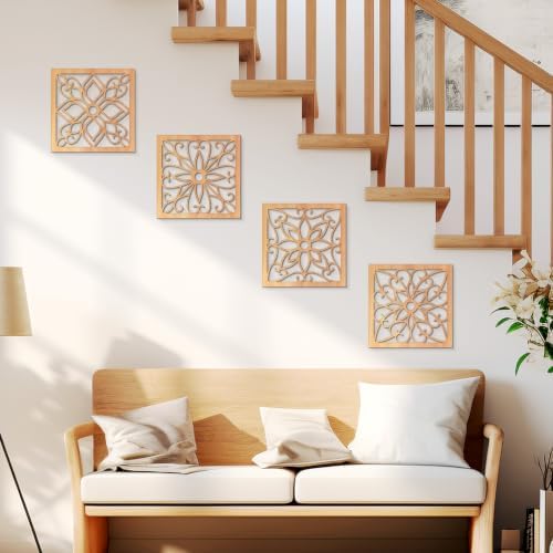 KOYILTD 4 Pcs Thicken Wooden Wall Art Rustic Farmhouse Flower Wall Art - Image 6