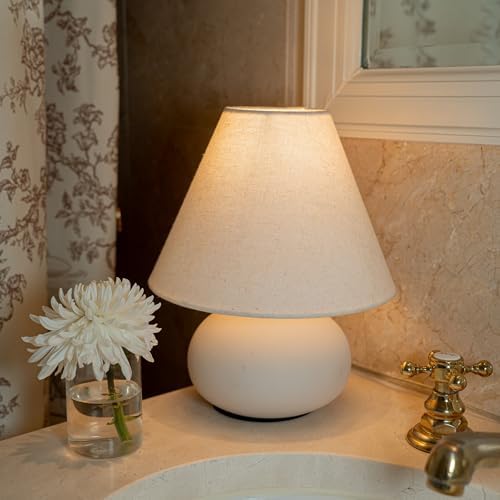 11" Small Table Lamp – Handmade Round Ceramic Cream Base with Off-White Fabric Shade, Dimmable Plug-in Nightstand or Accent Light – Organic Boho Japandi Decor for Bedroom or Small Spaces - Image 4