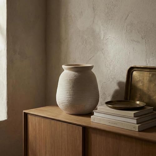 Rustic Terracotta Pot, 7 Inch Short Farmhouse Vase with Weathered Texture Vintage-White, Boho Home Decor for Pampas Grass, Tabletop, Mantel and Shelf Styling - Image 5