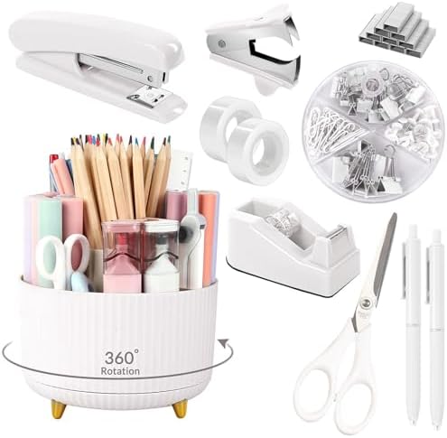 SKYDUE White Office Supplies Set, Office Desk Accessories 10PCS, Pencil Holder for Desk, Stapler, Tape Dispenser, Scissors, Ruler, Binder/Paper Clips and 1000pcs Staples,Desk Supplies Set by SKYDUE