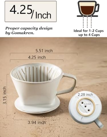 Gomakren Ceramic Pour Over Coffee Dripper, 3-Hole Cone Brewer, White - Image 2