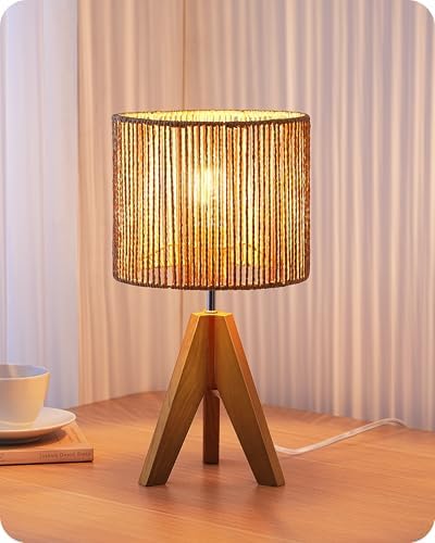 EDISHINE Small Rattan Table Lamp, Wood Tripod Bedside Lamp, 14.2", E26 Base by EDISHINE