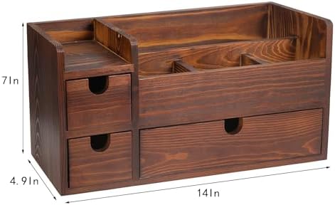 Rustic Brown Wooden Desktop Organizer Drawers Removable Office Supplies Torched Wood Storage Cabinet Caddy Box Stationery Pencil Slots Mail Holder Notes Accessories Home Makeup Tools Cosmetics - Image 2