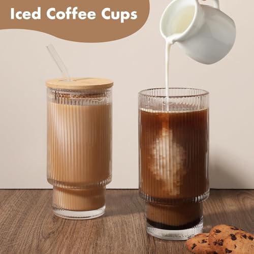 Glass Cups with Lids and Straws - 16 oz Iced Coffee Cups, Vintage Ribbed Drinking Glasses with Bamboo Lids, Glass To-Go Cup, Party, Tumbler for Juice, Beer, Coffee, Milk, Cocktail, Water (4 Pack) - Image 2