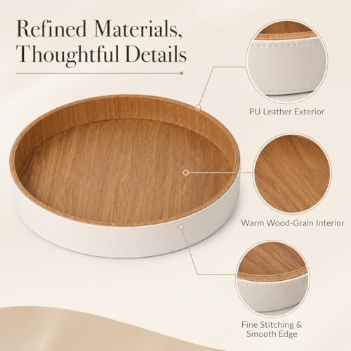 GORESE Round Coffee Table Tray, 12 in PU Leather Tray for Home Decor, Cream White & Wooden - Image 4