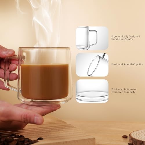 CNGLASS 15oz(4-pack) Double Walled Glass Coffee Mugs,Large Insulated Glass Mugs with Handle,Clear Coffee Cups for Espresso,Latte,Cappuccino,Tea - Image 4