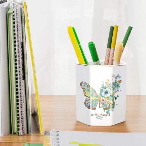 Pencil Pen Holder for Desk, Ceramic Cute Makeup Brush Holder, Desktop Supplies and Accessories for Women Students, Art Supply Caddy, Butterfly Pattern - Image 4