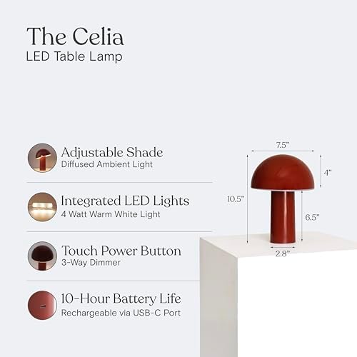 Brightech Celia Table Lamp – 10" Touch-Controlled Mushroom Accent Lamp, Cordless & Dimmable LED, Portable & Rechargeable Bedside Night Light, Sustainable Recycled Modern Patio Lamp for Home Décor, Red - Image 6