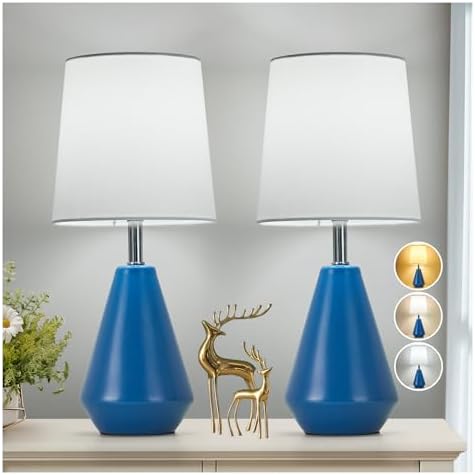Small Bedside Table Lamp for Bedroom-Reading Desk Lamp Set of 2,with 3 Color Temperatures,15.5" Nightstand Ceramic Lamp with Fabric Shade for Kids Room,Living Room,Dorm,Home Office(Blue+White) by Illuminatingyoumeandhim