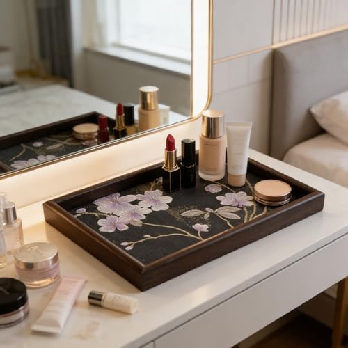 Wooden Valet Tray with Floral Base, Black Vintage Blossoms - Image 4