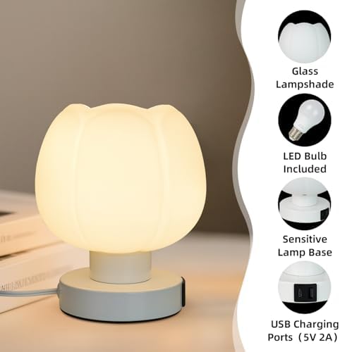 Touch Bedside Lamp wtih USB C+A Charging Ports,Tulip Flower Lamp - Image 2