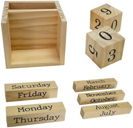 EXQUIDECA Natural Pine Wood Desk Blocks Perpetual Calendar with Pen Holder - Image 4
