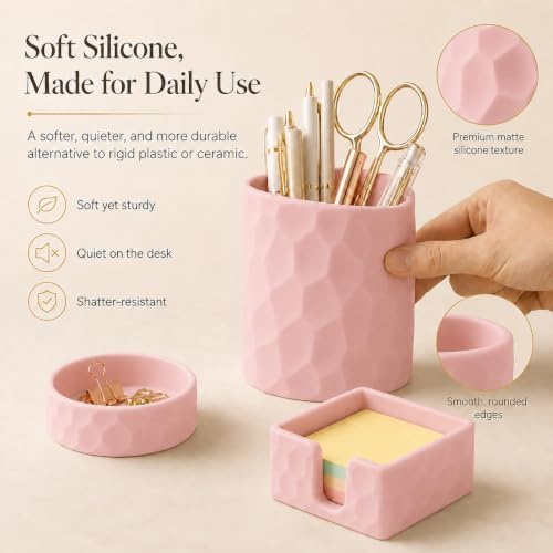 Aesthetic Geometric Silicone Desk Organizer Set of 3,Modern Office Desk Accessories with Round Pen Holder,Paperclip Tray,Sticky Note Holder,Stylish Functional Desk Decor for Home Office(Pink) - Image 5