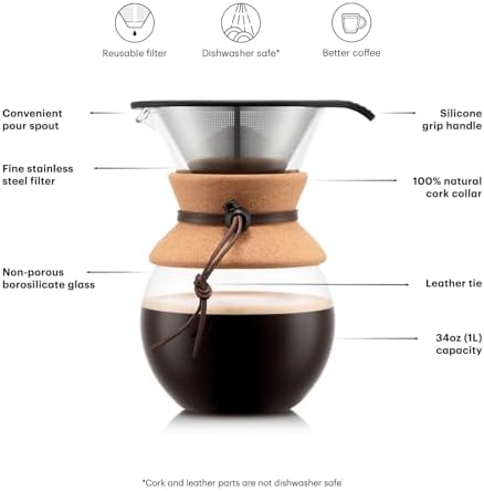 Bodum 34oz Pour Over Coffee Maker, High-Heat Borosilicate Glass with Reusable Stainless Steel Filter and Cork Grip - Made in Portugal - Image 4
