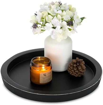 Hanobe Wooden Tray for Coffee Table: Candle Holder Plate Black Round Decorative Serving Tray - Vintage Table Centerpiece Rustic Farmhouse Home Decor by Hanobe
