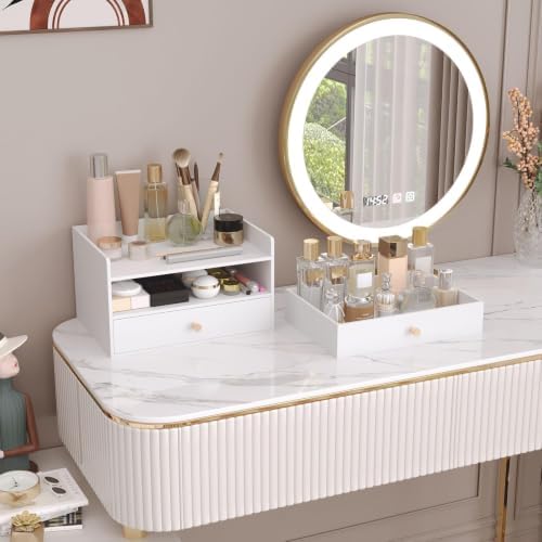 Bamboo Desk Organizer with Drawers,Wooden Desktop Storage(2 Drawers,White) - Image 5