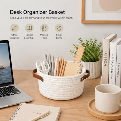 Small Woven Basket, Mini Cotton Rope Storage Basket with Leather Handle - Image 3