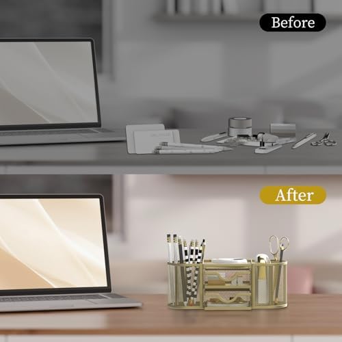 SUPEASY Mesh Desk Organizer, Pen Holder for Desk with 2 Drawers, Yellow - Image 7