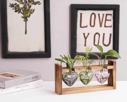 Kingbuy 3-Heart Plant Terrarium Kit - Stained Glass Vase Propagation Station with Vintage Wood Stand - Wall-Mounted & Tabletop Indoor Garden Decor for Home Kitchen Wedding (Grey, Green, Pink) - Image 2