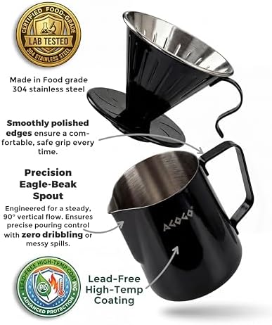 AGOGO Stainless Pour Over Coffee Maker Set, 50 Paper Filters, 30oz, Black - Image 3
