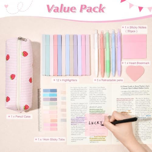 22Pcs Book Annotation Kit Aesthetic Pencil Case with Supplies School Annotation Supplies Gel Pen Transparent Sticky Note Taking Bible Study College Stationery Supplie (Pink Strawberry) - Image 2