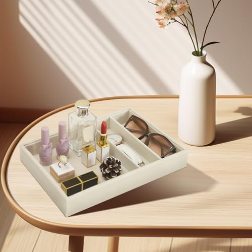 Bedside Organizer - Multi-use Nightstand & Desk-top Catchall Tray for Jewelry, Sunglasses, Phone, Watch, Perfume, Lipstick (Beige 3Grid) - Image 5