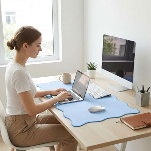 Scalloped Desk Mat 31.5" x 15.7" Large Cute Desk Mat for Desktop, Waterproof Scalloped Aesthetic Table Pad, Non-Slip Mouse Keyboard Pads Computer Accessories for Desk Office Home Gaming - Image 3