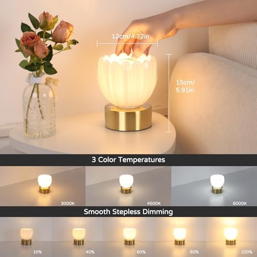 Shenmoyl Cordless Small Table Lamp with 5200mAh Battery & Touch Control, Battery Operated Tulip Table Lamp with 3 Colors, Rechargeable Mini Table Lamps for Bedsides, Bedroom, Nightstand (White) - Image 3