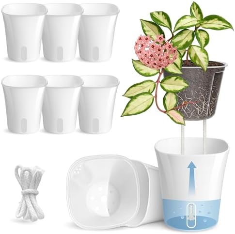8 Pack 4" Self Watering Pots for Indoor Plants, Clear Inner Cup, Small White Plastic Planters, Water Level Indicator, Drainage Holes, Extra 3ft Wick, Cuttings,Seedlings,Herb,African Violets by Vandorelle