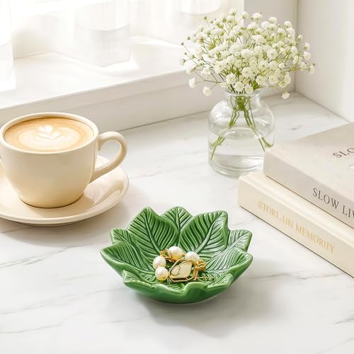 Green Leaf Jewelry Dish Ceramic Trinket Tray Birthday Gift for Women - Image 2