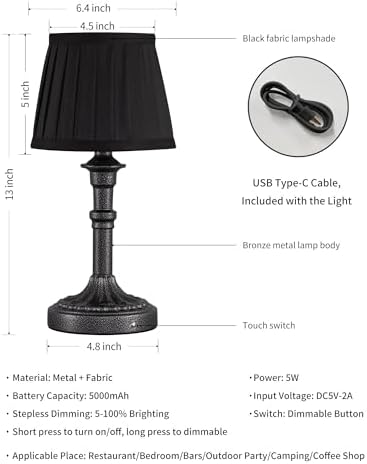 KDG Mottled Silver Cordless Table Lamps Set of 2, Black Fabric Shade Light - Image 5