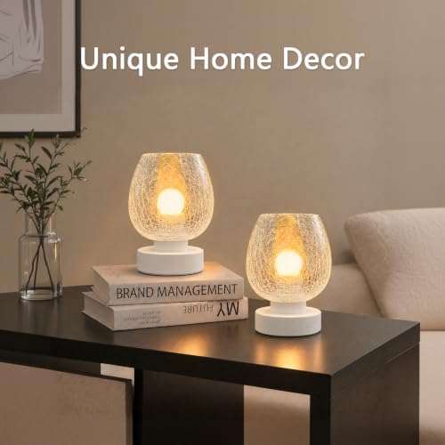 ONEWISH Touch Bedside Table Lamp for Bedroom, 3-Way Dimmable, Crackle Glass Shade, 7.5" Ultra Compact Nightstand Lamp, Warm White 2700K LED Bulb Included, Modern Design(Crack Pattarn) - Image 6
