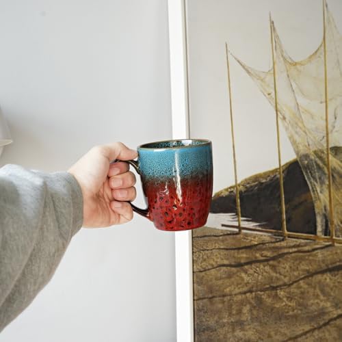 Bosmarlin Ceramic Coffee Mug Set of 4, 17 Oz, Coffee Cups with Big Handle, Microwave Safe, Unique Reactive Glaze (Blue&Red) - Image 6