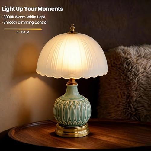 Vintage Green Ceramic Small Table Lamp with White Glass Shade - Image 5