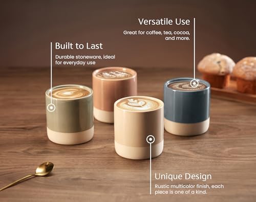 KooK Latte Cups, Ceramic Artisanal Stoneware, No Handle, Japanese Tea Cups, For Coffee, Tea, Cocoa, Microwave and Dishwasher Safe, Multicolor, 10.5 oz, Set of 4 - Image 4