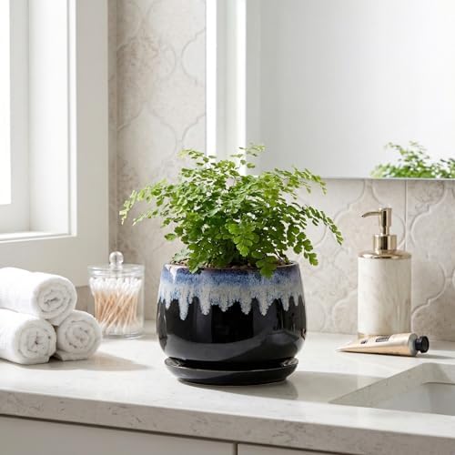 6 Inch Plant Pot - Ceramic Planters for Indoor Plants, Decorative Planter with Drainage Hole and Saucer, Round Flower Pots, Office Patio Decor, Gifts for Gardeners Woman, Black-Blue - Image 7