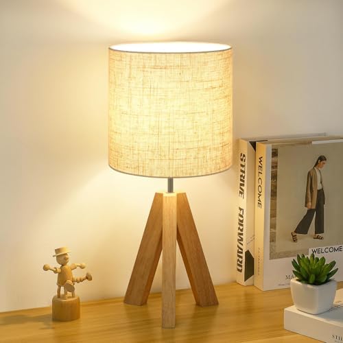 Small Table Lamp, Wooden Tripod Nightstand Lamp with Linen Fabric Shade, Cute Boho Modern Bedside Nightstand Lamp for Bedroom, Living Room, Nursery, Kids Room, Office, Dorm, Bulb Not Included by Brightever
