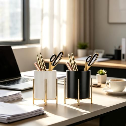 Sturdy Pen Holder Simple and elegant for Desk Matte Pencil Holder Ceramic Cute Desktop Organizer Brush Holder Cup (Black and Gold Plated) - Image 3