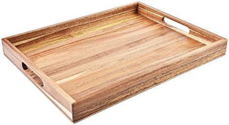 Acacia Wood Serving Tray with Handles (17 Inches) – Decorative Serving Trays Platter for Breakfast in Bed, Lunch, Dinner, Appetizers, Patio, Ottoman, Coffee Table, BBQ, Party –Great for Lap &Couch by KARRYOUNG