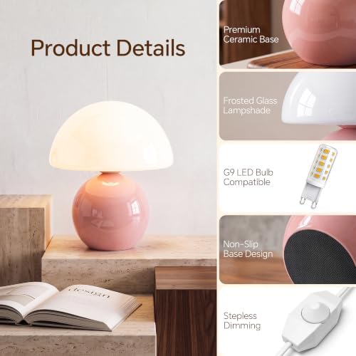 Dawnwake Mushroom Lamp Table Lamp for Bedroom-Small Desk Table Lamps,Pink - Image 6