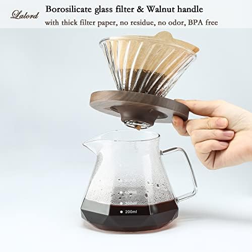 Lalord Pour Over Coffee Maker, 20 oz Borosilicate Glass Carafe with 100 pcs V60 Paper Filter, Walnut Handle & Glass Lid, Drip Coffee Maker for Home Café Restaurant Camping, 600 ml, Clear - Image 5
