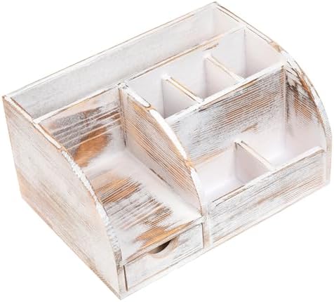 Office Desk Drawer Supply Organizer and Accessories, Wood Desk Organizer with 6 Compartments & 1 Drawer Binders Folder Papers Holder Pen Holder Office Desktop File Organizer (Washed white) - Image 3