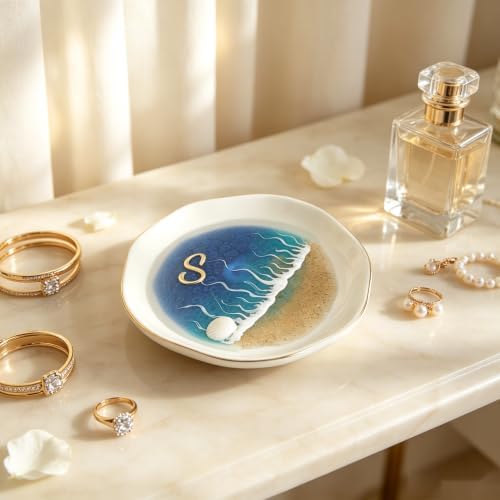 Handmade Ocean Resin Art Jewelry Tray – Premium Ceramic Ring Dish with Gold Edge, Artisan Beach Wave Jewelry Holder, Unique Decorative Trinket Tray for Vanity (S) - Image 2