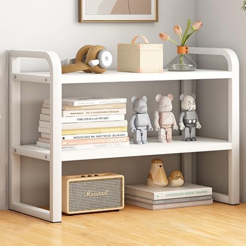 Office Desk Shelf Organizer, Wood Desktop Bookshelf Supplies Storage Rack, Shelf for Top of Desk and Dresser and Cubicle Decor Aesthetic Bookshelf (White White, Two Tier 19.69 Lx7.87 Wx15.16 H) by Janebert