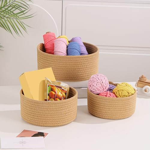 Small Basket Cotton Rope Woven Baskets for Organizing Cute Mini Tiny Baskets for Nursery Decorative Boho Round Storage Bathroom Organization Bin Open Storage Bins (Brown) - Image 3