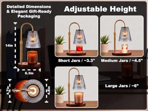 Candle Warmer Lamp with Timer & Dimmer, Adjustable Height Glass Candle Lamp Warmer for Jar Candles, Electric Wax Melt Warmer with 2 Bulbs - Image 5